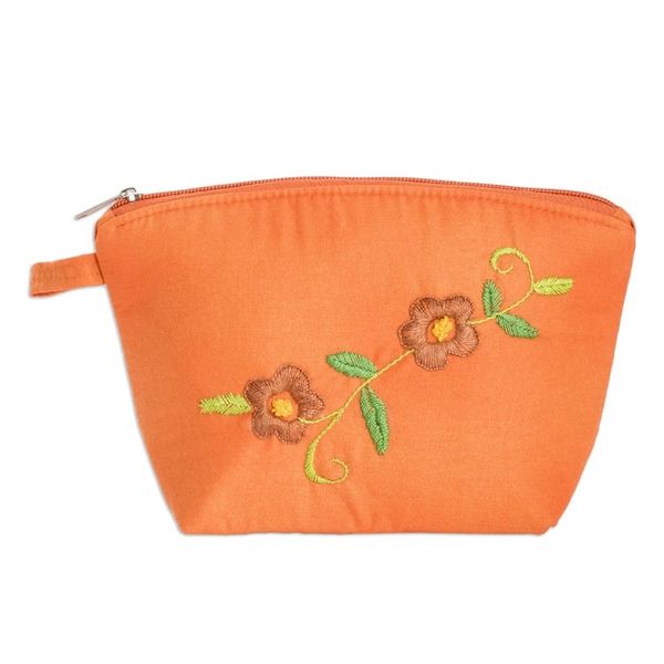 Alternate image for Embroidered Floral Orange Cotton Cosmetic Bag with Zipper Evening Beauty