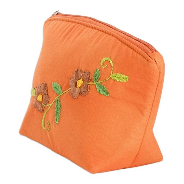 Alternate image for Embroidered Floral Orange Cotton Cosmetic Bag with Zipper Evening Beauty