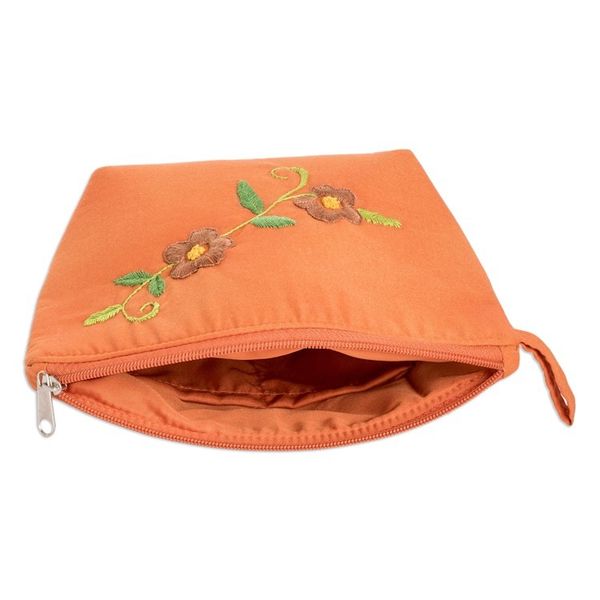 Alternate image for Embroidered Floral Orange Cotton Cosmetic Bag with Zipper Evening Beauty