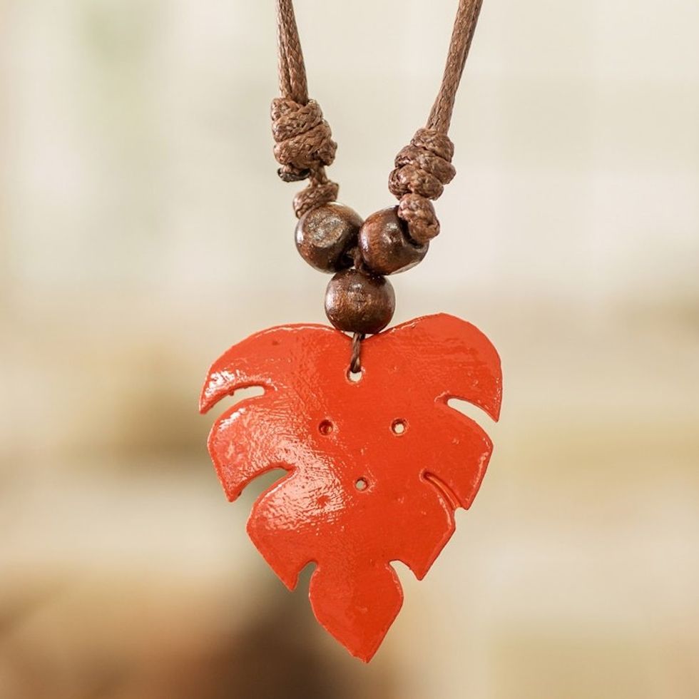 Leafy Red Calabash Gourd Pendant Necklace with Wood Beads 'Jungle Red'