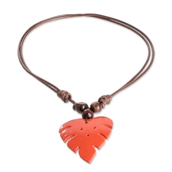 Alternate image for Leafy Red Calabash Gourd Pendant Necklace with Wood Beads Jungle Red