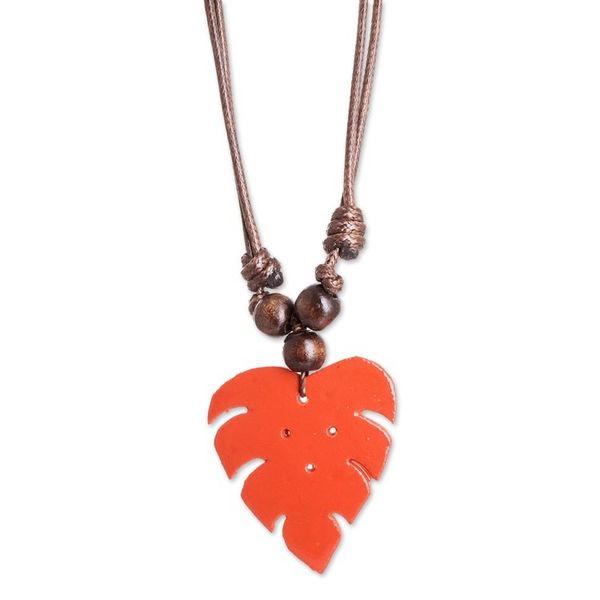 Alternate image for Leafy Red Calabash Gourd Pendant Necklace with Wood Beads Jungle Red