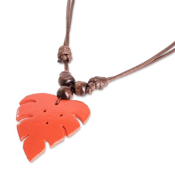 Alternate image for Leafy Red Calabash Gourd Pendant Necklace with Wood Beads Jungle Red