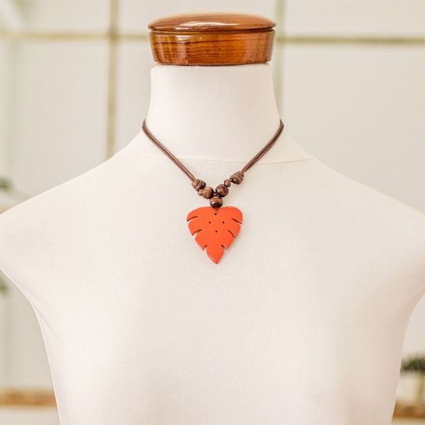 Alternate image for Leafy Red Calabash Gourd Pendant Necklace with Wood Beads Jungle Red