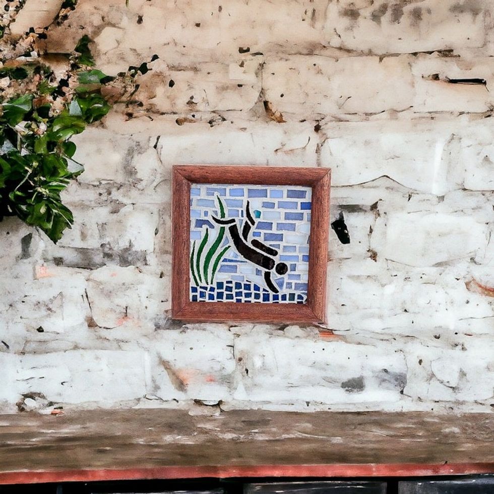 Scuba Diver-Themed Teak Wood and Glass Mosaic Wall Accent 'Ultramarine Mosaic'
