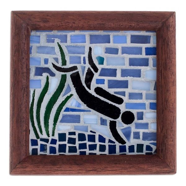 Alternate image for Scuba Diver-Themed Teak Wood and Glass Mosaic Wall Accent Ultramarine Mosaic