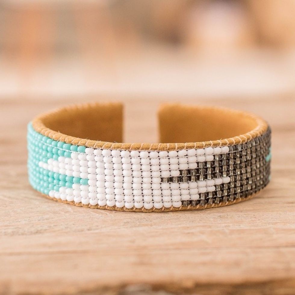 Leather-Accented Blue and Black Glass Beaded Cuff Bracelet 'Electrifying'