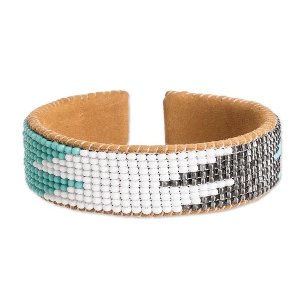 Alternate image for Leather-Accented Blue and Black Glass Beaded Cuff Bracelet Electrifying