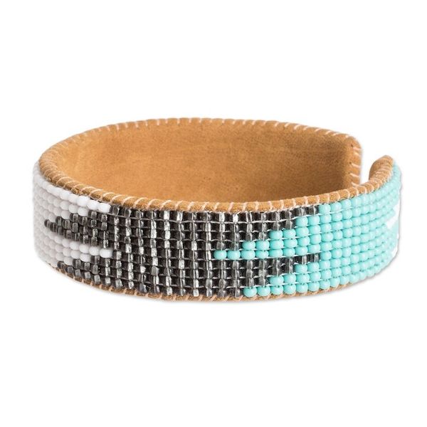 Alternate image for Leather-Accented Blue and Black Glass Beaded Cuff Bracelet Electrifying