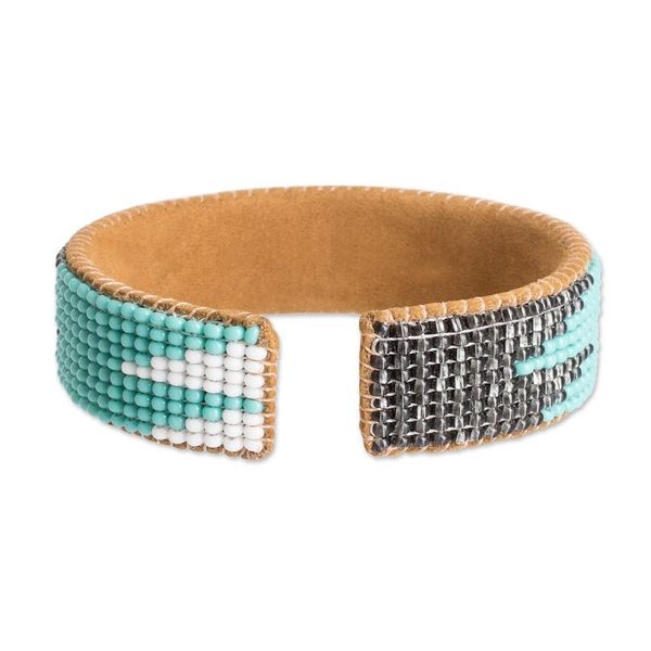 Alternate image for Leather-Accented Blue and Black Glass Beaded Cuff Bracelet Electrifying