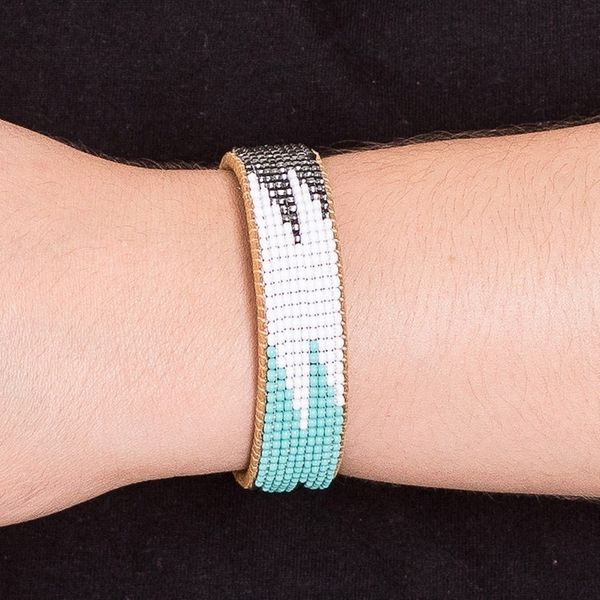 Alternate image for Leather-Accented Blue and Black Glass Beaded Cuff Bracelet Electrifying