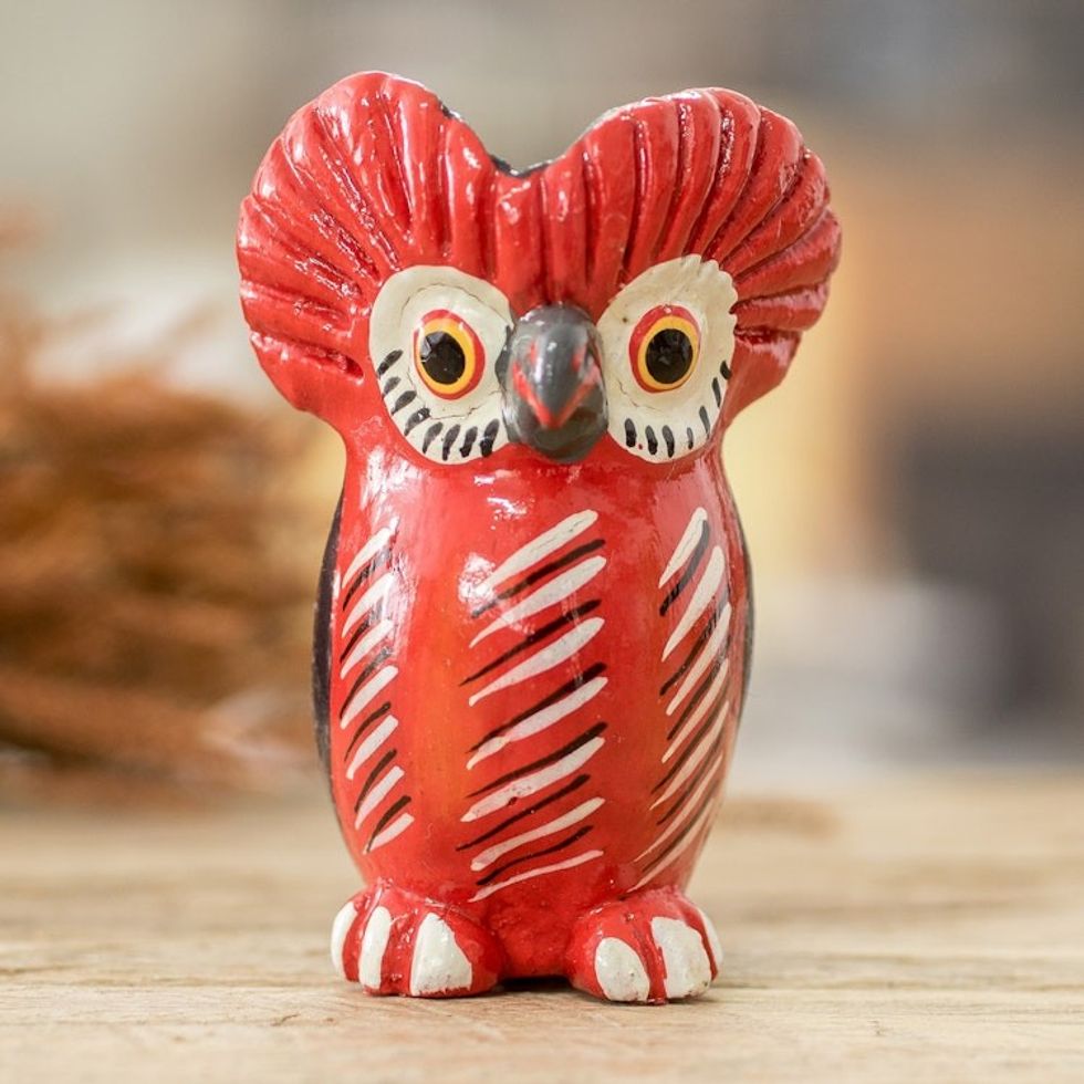 Small Ceramic Owl Figurine in Red Hand-Painted in Guatemala 'Vibrant Tecolote'