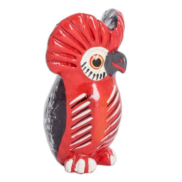 Alternate image for Small Ceramic Owl Figurine in Red Hand-Painted in Guatemala Vibrant Tecolote