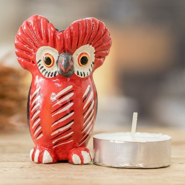 Alternate image for Small Ceramic Owl Figurine in Red Hand-Painted in Guatemala Vibrant Tecolote