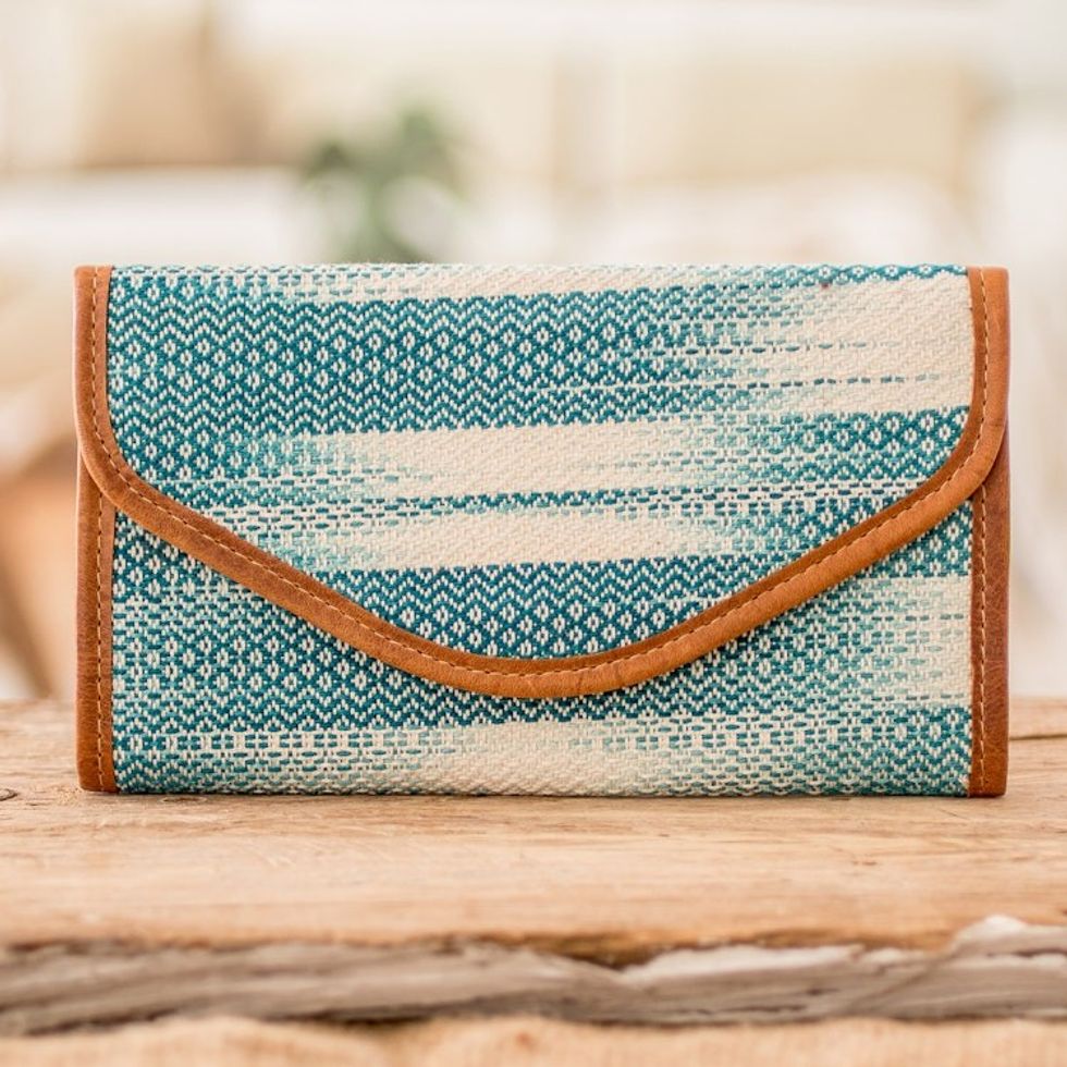 Teal and White Hand-Woven Cotton Wallet with Leather Trim 'Colors of Tradition in Teal'