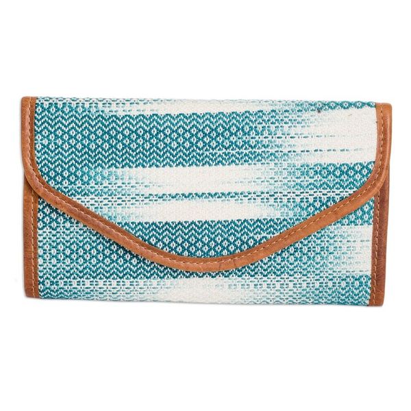 Alternate image for Teal and White Hand-Woven Cotton Wallet with Leather Trim Colors of Tradition in Teal