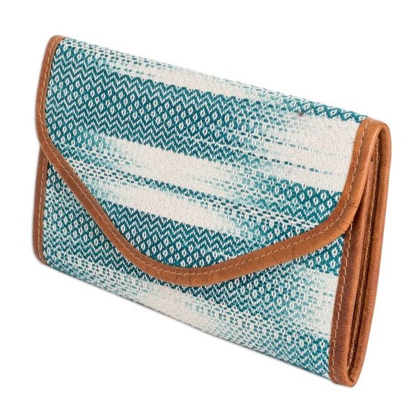 Alternate image for Teal and White Hand-Woven Cotton Wallet with Leather Trim Colors of Tradition in Teal