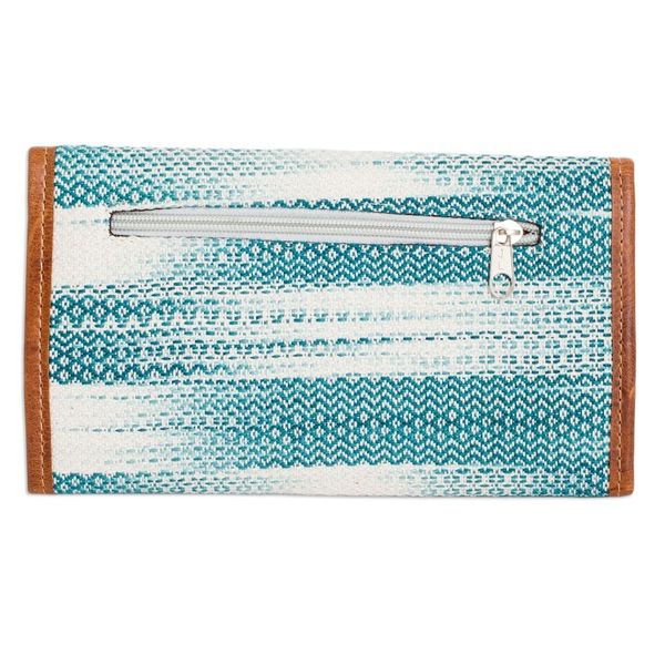 Alternate image for Teal and White Hand-Woven Cotton Wallet with Leather Trim Colors of Tradition in Teal