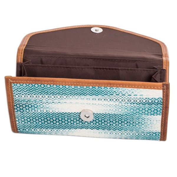 Alternate image for Teal and White Hand-Woven Cotton Wallet with Leather Trim Colors of Tradition in Teal