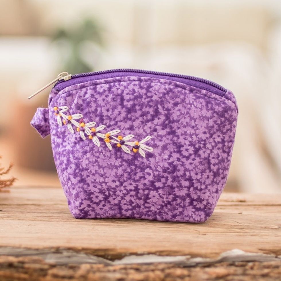 Embroidered Floral Purple Cotton Coin Purse with Zipper 'Royal Scenes'