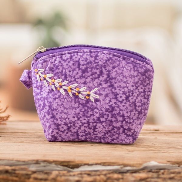 Alternate image for Embroidered Floral Purple Cotton Coin Purse with Zipper Royal Scenes
