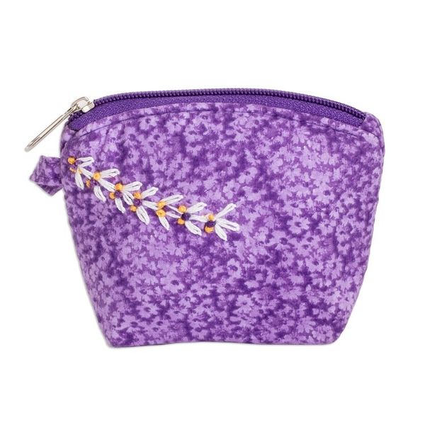 Alternate image for Embroidered Floral Purple Cotton Coin Purse with Zipper Royal Scenes
