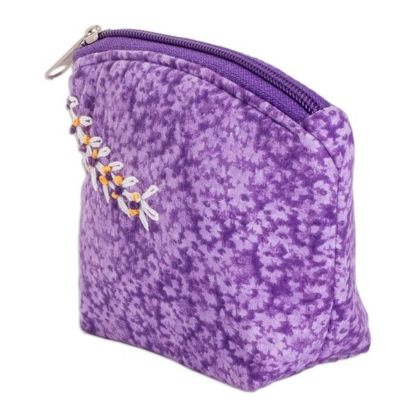 Alternate image for Embroidered Floral Purple Cotton Coin Purse with Zipper Royal Scenes