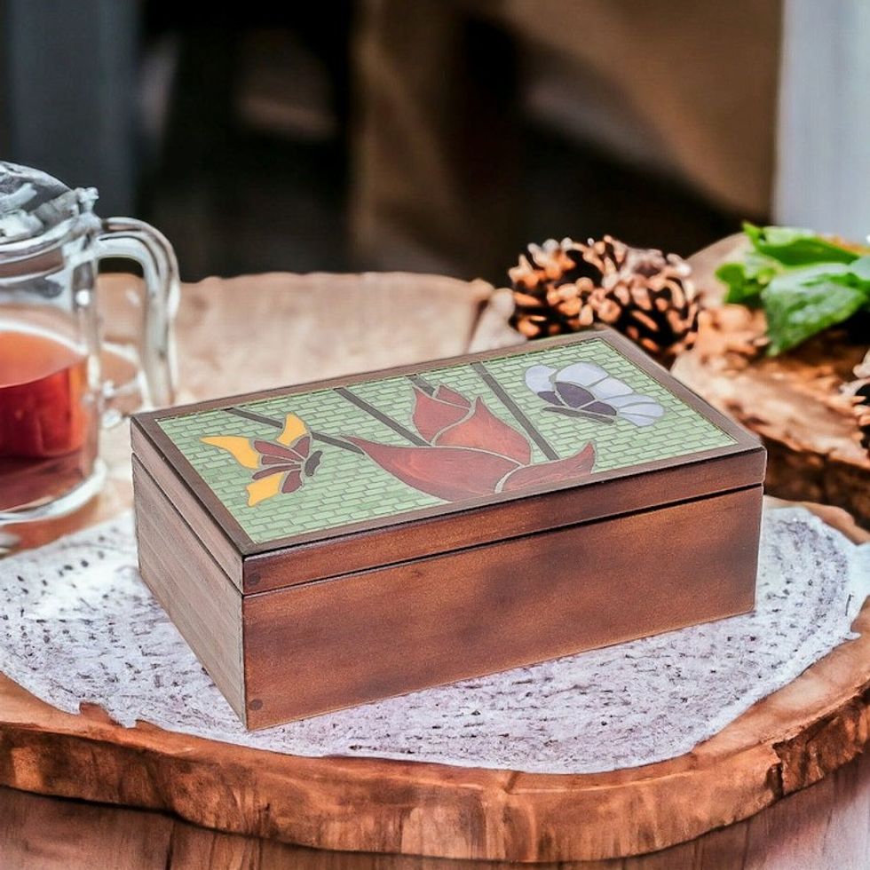 Handcrafted Butterfly-Themed Pinewood Tea Box in Brown 'Fluttering Visions'