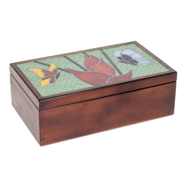 Alternate image for Handcrafted Butterfly-Themed Pinewood Tea Box in Brown Fluttering Visions