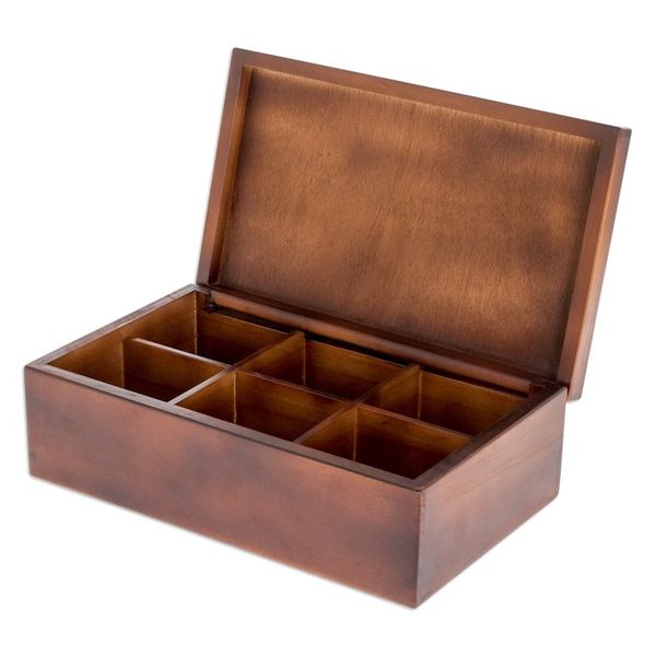 Alternate image for Handcrafted Butterfly-Themed Pinewood Tea Box in Brown Fluttering Visions