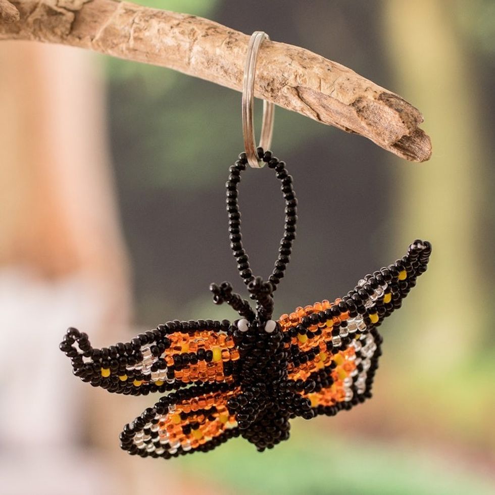 Handcrafted Black and Orange Glass Beaded Butterfly Keychain 'Fluttering Hopes'