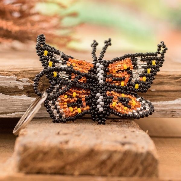 Alternate image for Handcrafted Black and Orange Glass Beaded Butterfly Keychain Fluttering Hopes
