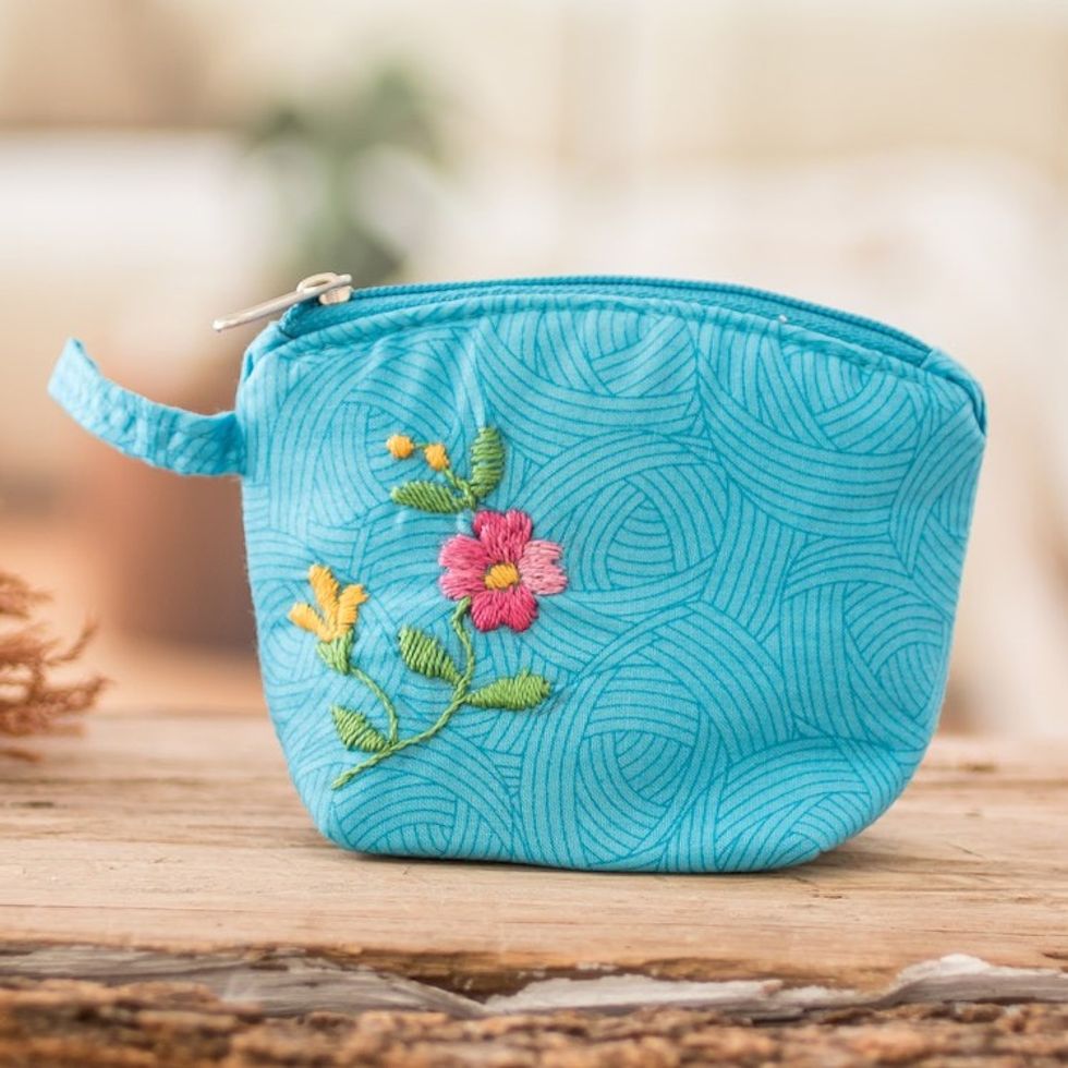 Embroidered Floral Cyan Cotton Coin Purse with Zipper 'Cyan Beauty'