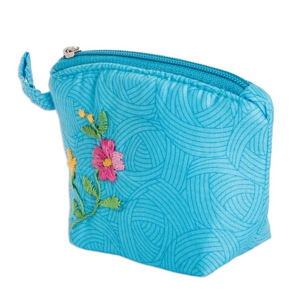 Alternate image for Embroidered Floral Cyan Cotton Coin Purse with Zipper Cyan Beauty