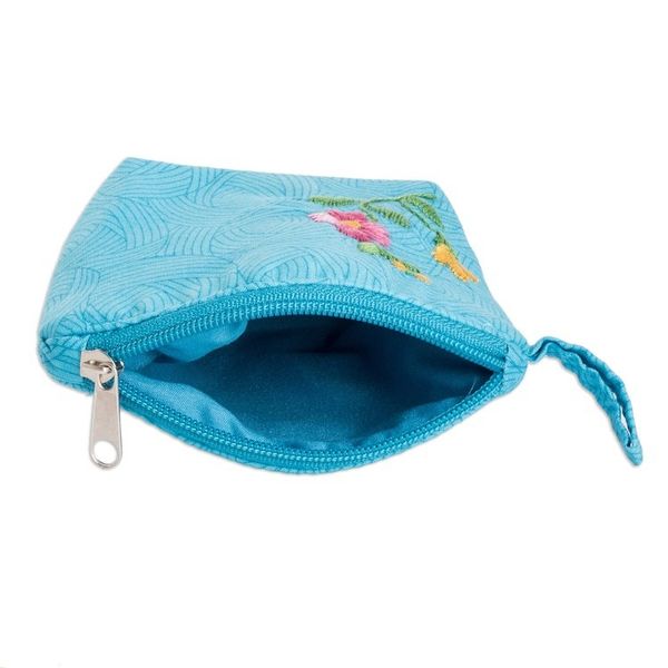 Alternate image for Embroidered Floral Cyan Cotton Coin Purse with Zipper Cyan Beauty