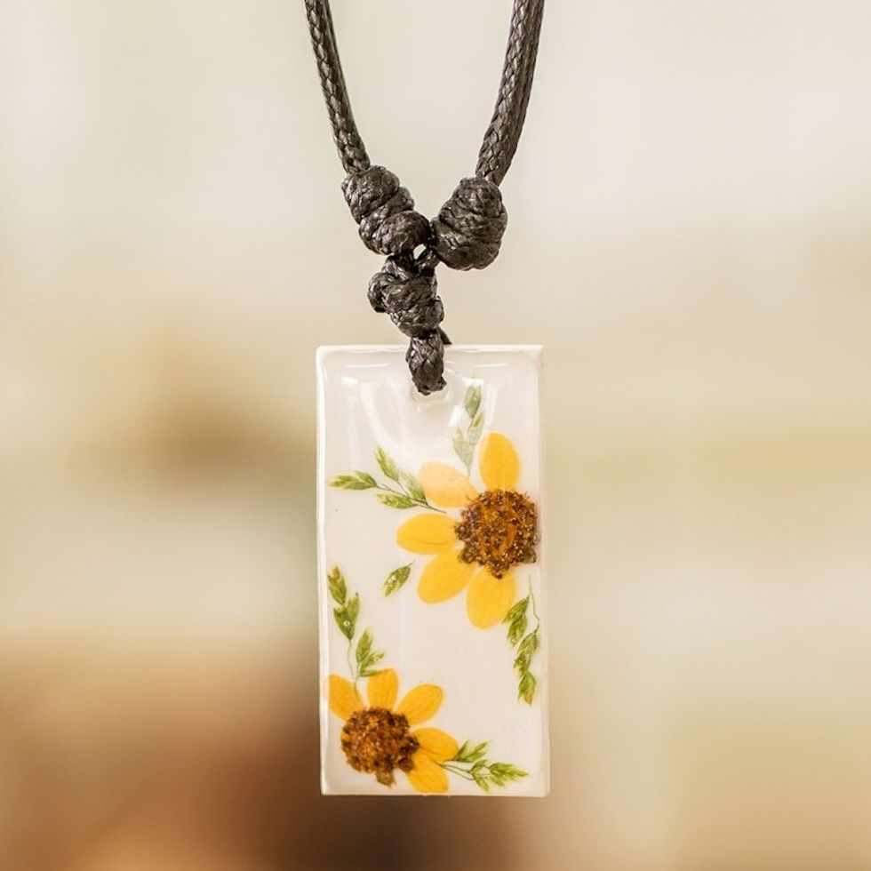 Yellow Natural Sunflower and Resin Pendant Necklace 'Adoration Sunflower'