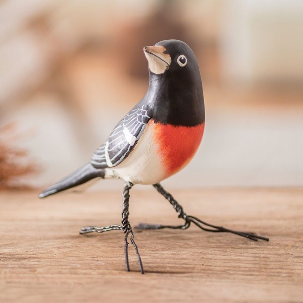 Hand-Painted Rose-Breasted Grosbeak Bird Ceramic Figurine 'Rose-Breasted Grosbeak'
