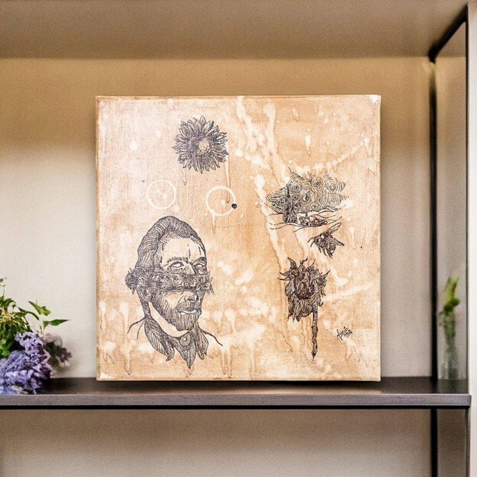 Signed Stretched Surrealist Ink and Coffee Wash Painting 'Van Gogh at Night'