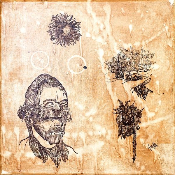Alternate image for Signed Stretched Surrealist Ink and Coffee Wash Painting Van Gogh at Night