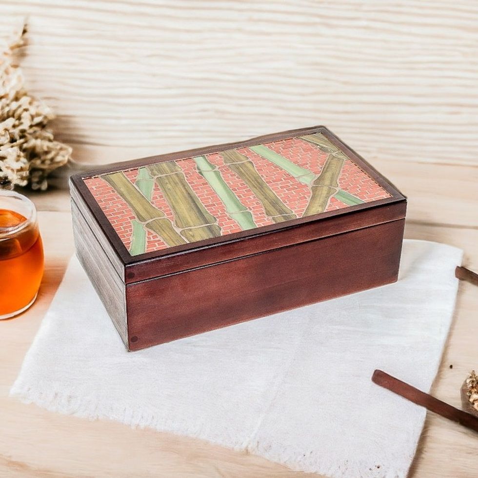 Handcrafted Sugar Cane-Themed Pinewood Tea Box in Brown 'Sugar Cane Visions'