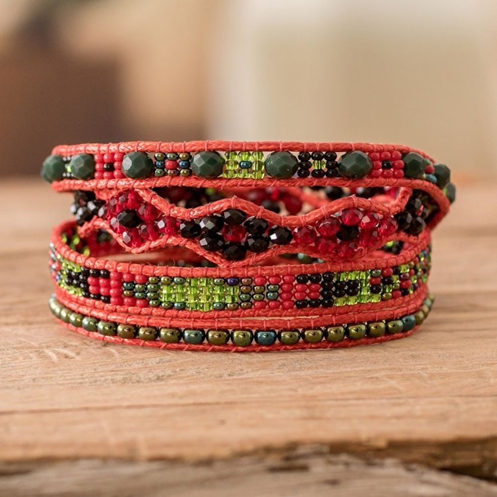 Handcrafted Beaded Positive Energy Long Wrap Bracelet 'Fiery Passion'