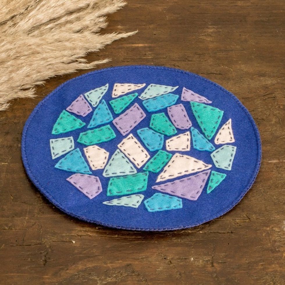 Handcrafted Geometric Round Blue and Purple Felt Doily 'Magical Fragments'