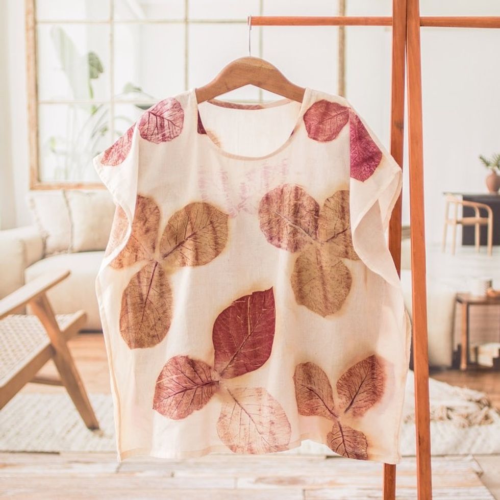 Eco-Printed Leaf-Themed Brown and Burgundy Cotton Caftan 'Magic Spring'