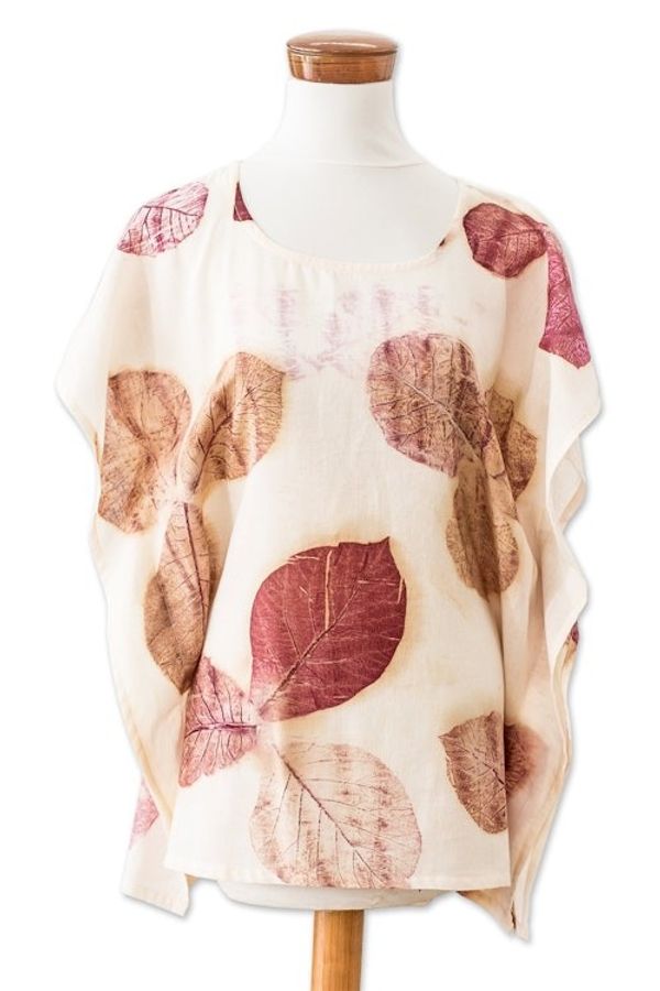 Alternate image for Eco-Printed Leaf-Themed Brown and Burgundy Cotton Caftan Magic Spring