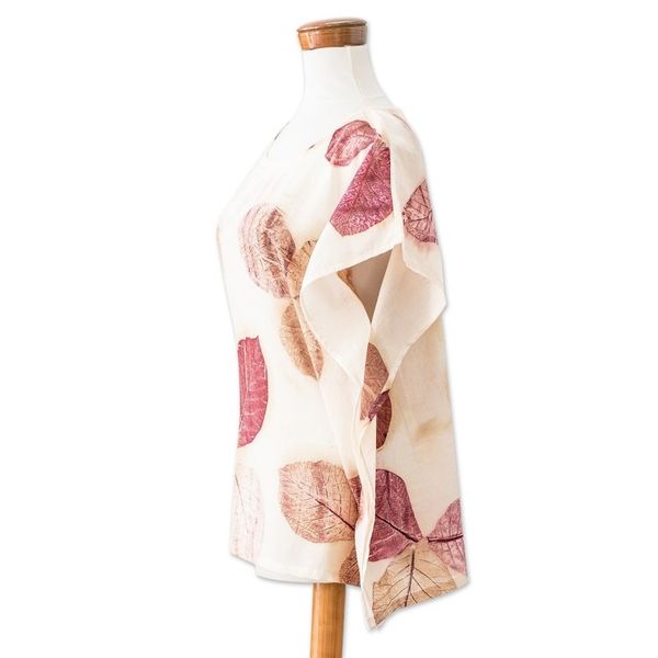 Alternate image for Eco-Printed Leaf-Themed Brown and Burgundy Cotton Caftan Magic Spring