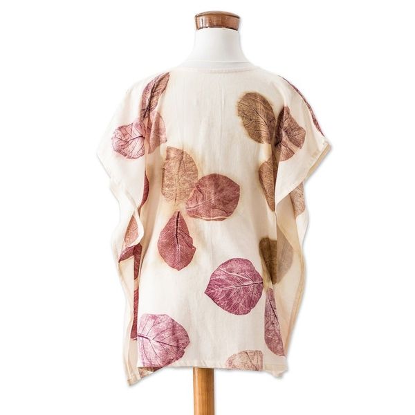 Alternate image for Eco-Printed Leaf-Themed Brown and Burgundy Cotton Caftan Magic Spring
