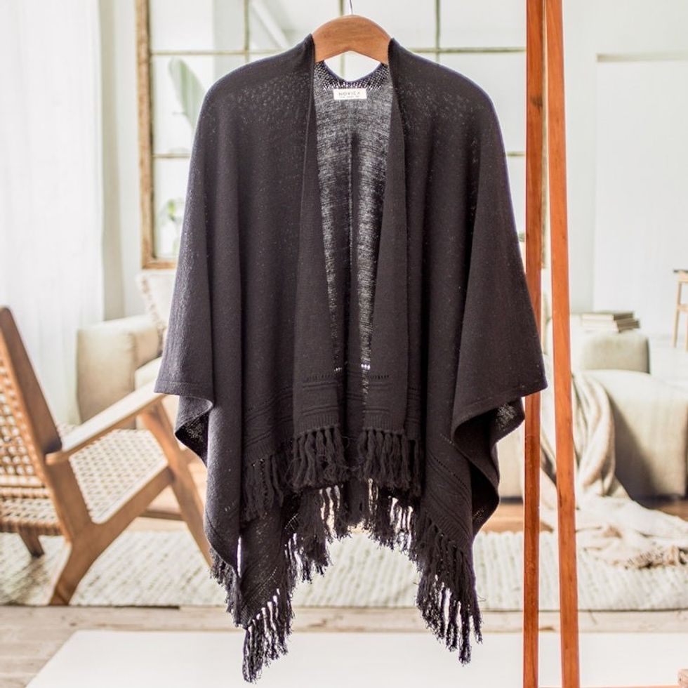Black Cotton Ruana with Fringe Handwoven in Guatemala 'Ancestral Elegance'