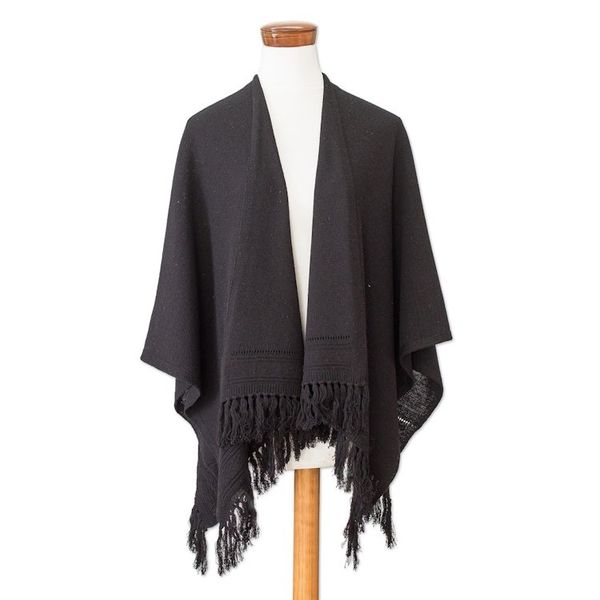 Alternate image for Black Cotton Ruana with Fringe Handwoven in Guatemala Ancestral Elegance