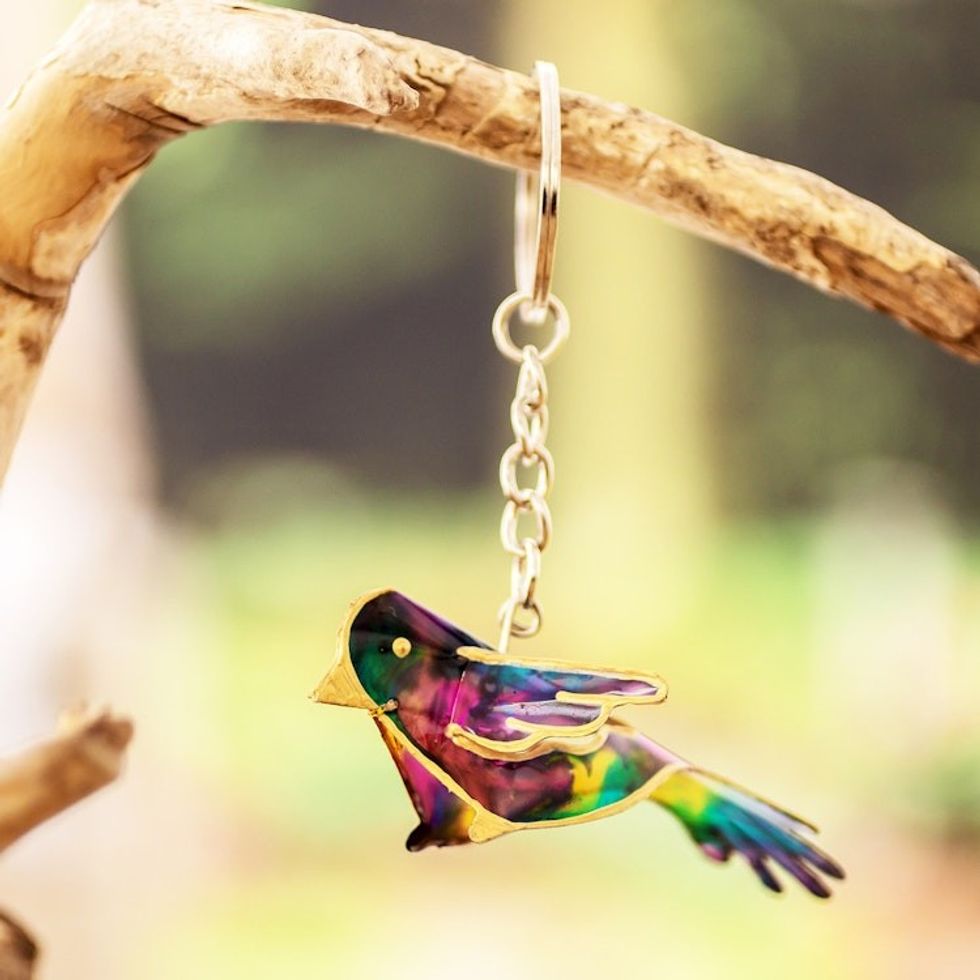 Hand-Painted Recycled Plastic Bird Key Chain from Costa Rica 'Tropical Charm'