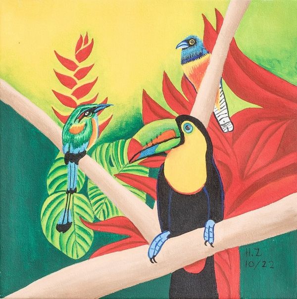 Alternate image for Signed Stretched Acrylic Impressionist Painting of Nature Birds